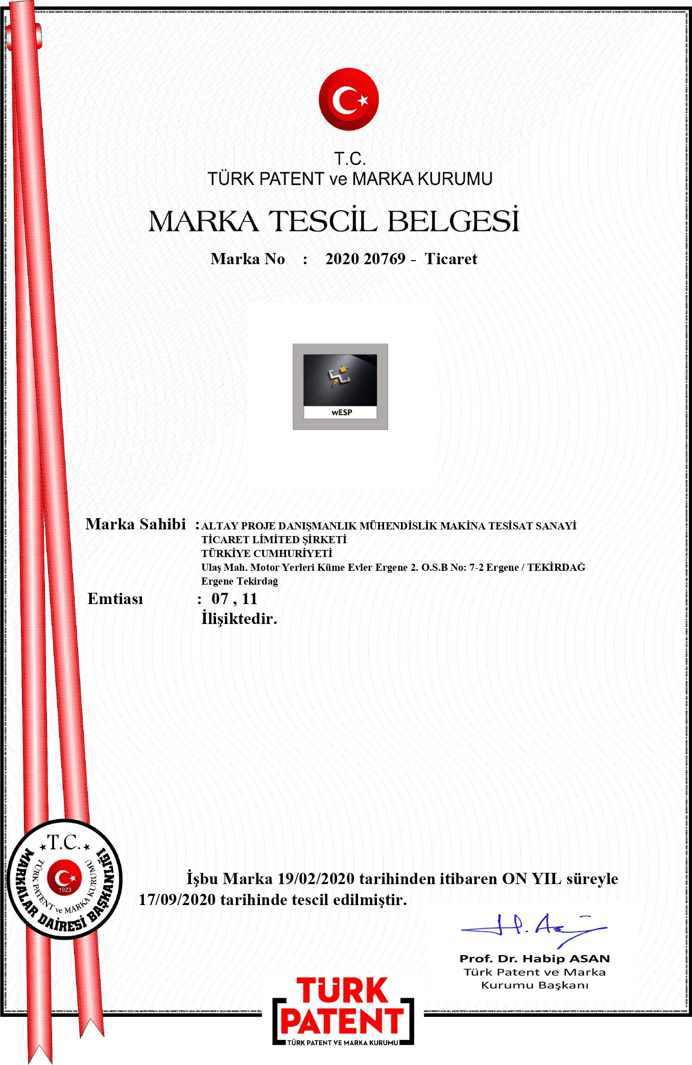 Wesp Marka Tescil Belgesi